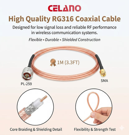 ABONIX SMA Male to N Male RG316 Cable 1M, 50 Ohm RF Antenna Extension Cable Pack- 1