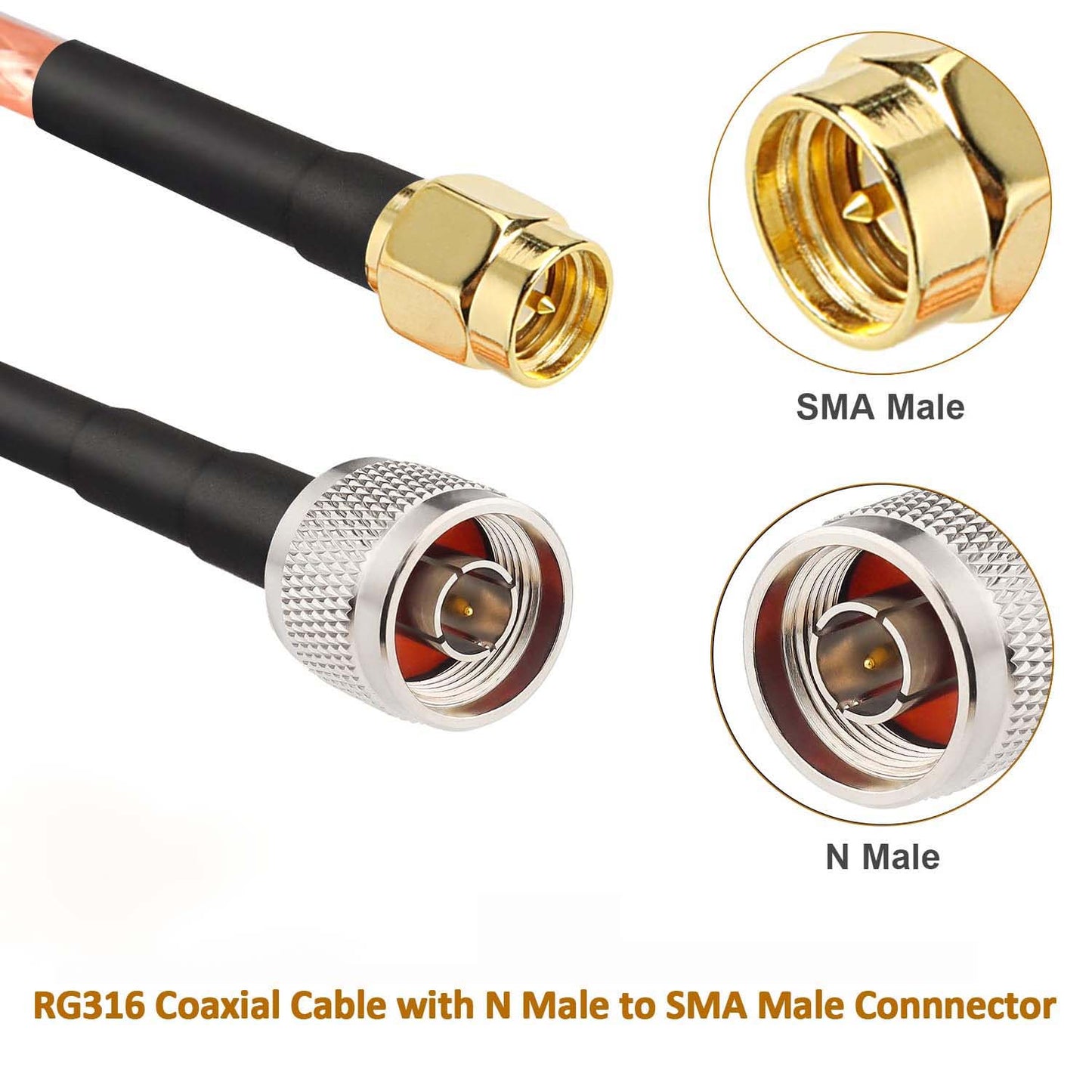 ABONIX SMA Male to N Male RG316 Cable 2FT, 50 Ohm RF Antenna Extension Cable Pack- 1