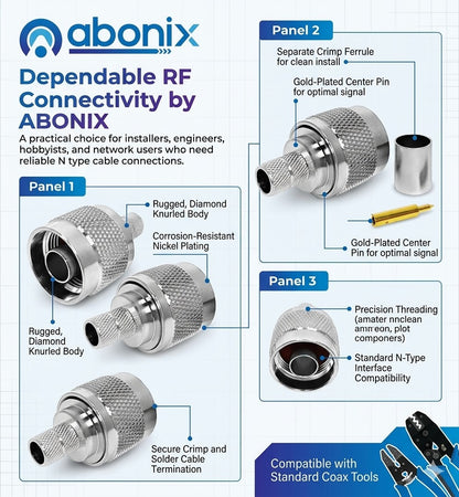 ABONIX N Male Crimp Connector for HLF-300 & LMR-300 RF Coax Cable- Pack- 10