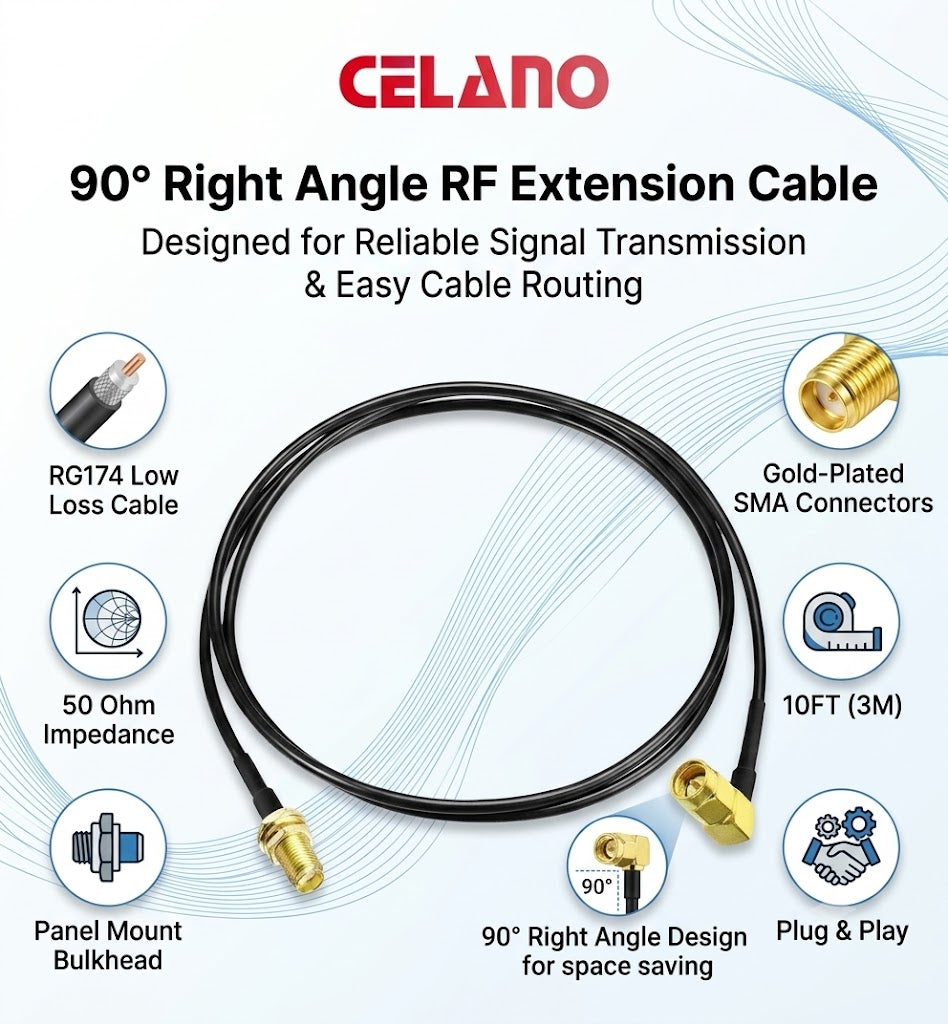 ABONIX RG174 Right Angle SMA Male to SMA Female Bulkhead Cable 3M (10FT)