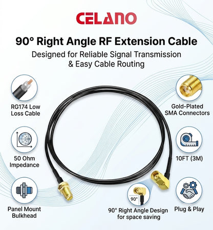 ABONIX RG174 Right Angle SMA Male to SMA Female Bulkhead Cable 3M (10FT)