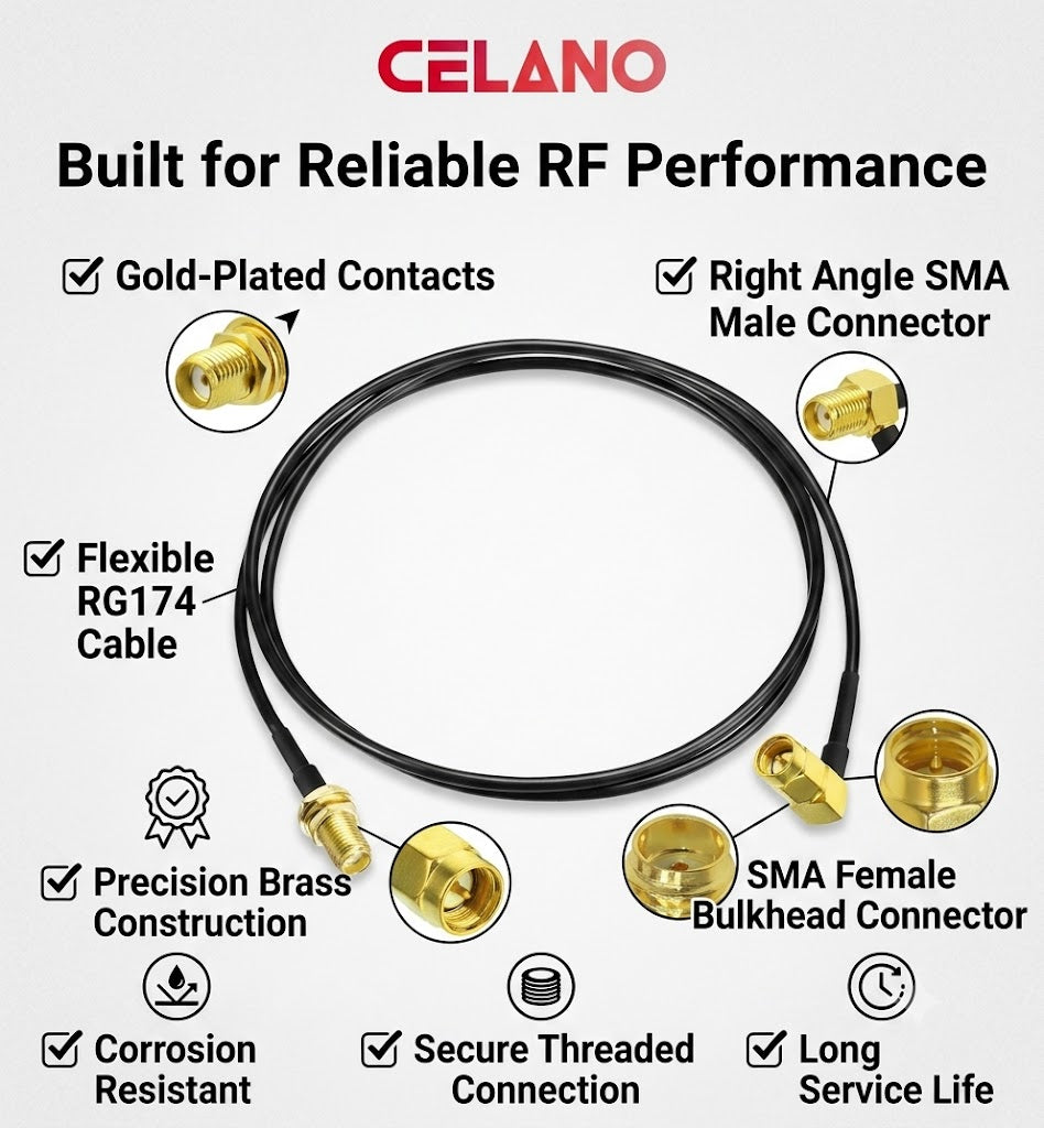 ABONIX RG174 Right Angle SMA Male to SMA Female Bulkhead Cable 3M (10FT)