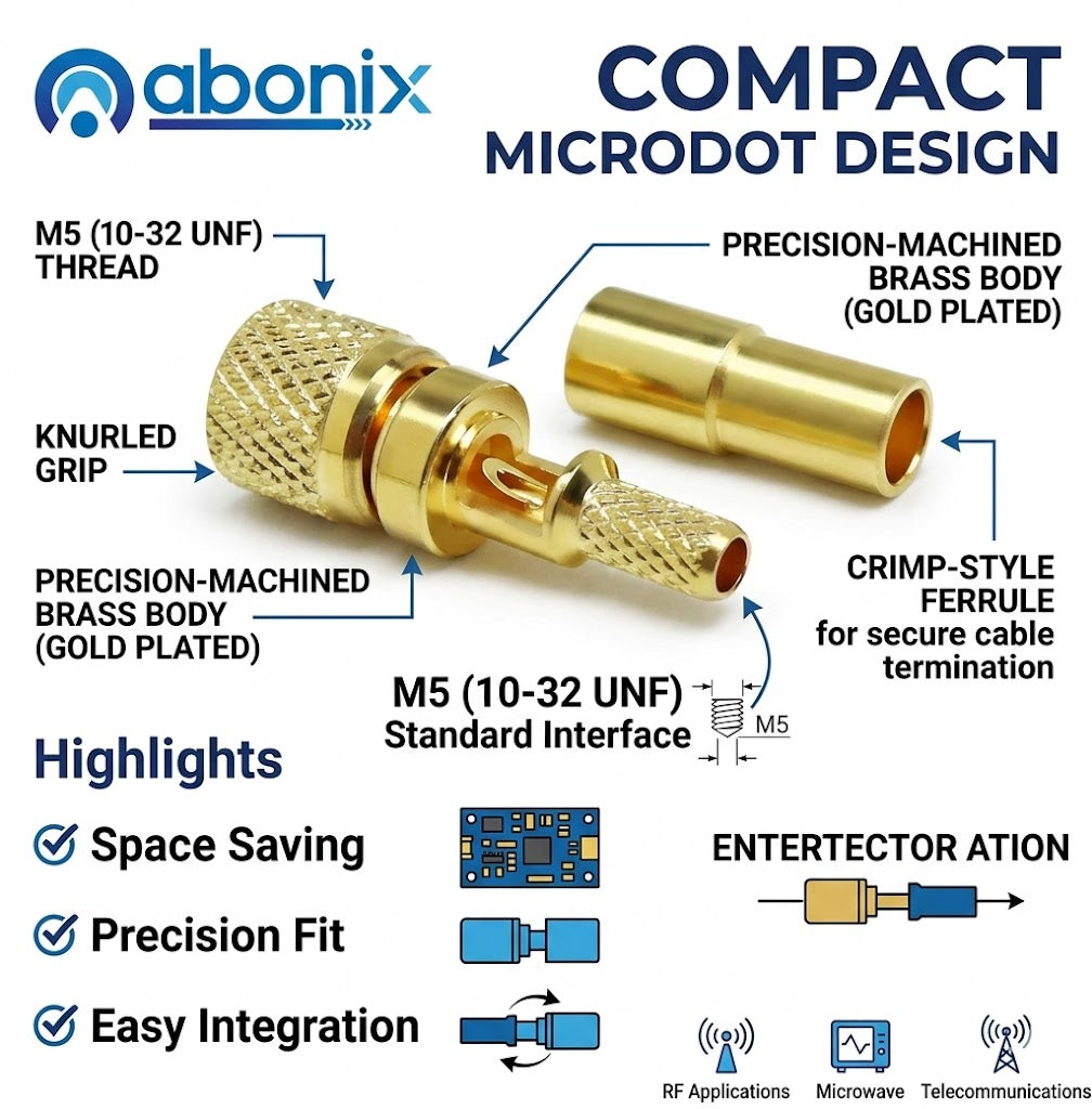 ABONIX M5 10-32 UNF Microdot Male Crimp Connector for RG-316/RG-174, Gold Plated 50 Ohm- Pack- 1