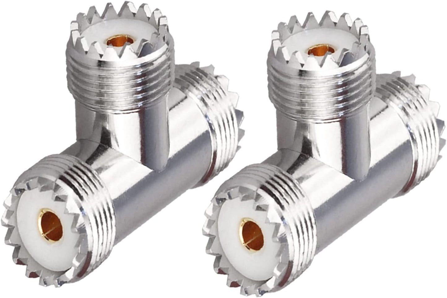 UHF Triple T Coax Connector – SO-239 Female to Dual PL-259 Male 3-Way RF Adapter Splitter - Pack 2