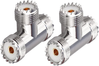 UHF Triple T Coax Connector – SO-239 Female to Dual PL-259 Male 3-Way RF Adapter Splitter - Pack 2