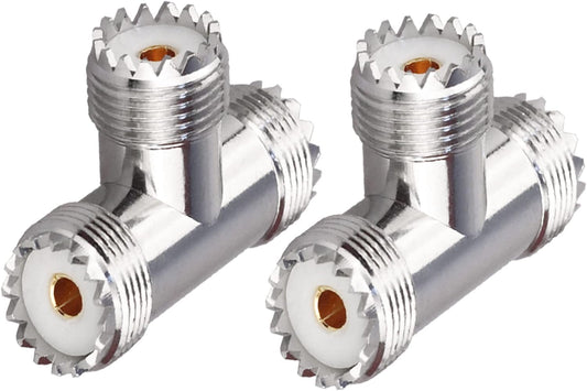 UHF Triple T Coax Connector – SO-239 Female to Dual PL-259 Male 3-Way RF Adapter Splitter - Pack 2