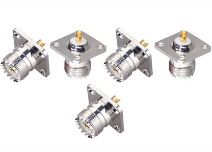 UHF Female 4 Hole Connector Flange Panel UHF RF Adapter UHF Female Plug PL259 Solder Cup Connector - Pack - 5