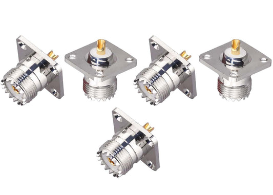 UHF Female 4 Hole Connector Flange Panel UHF RF Adapter UHF Female Plug PL259 Solder Cup Connector - Pack - 5