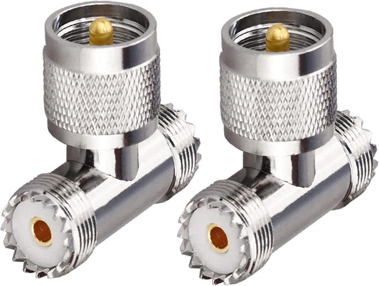Triple Tee Connector UHF Male to Dual UHF Female 3 Way Splitter Coax Adapter PL259 SO239 Combiner Splitter Adapter - Pack - 2