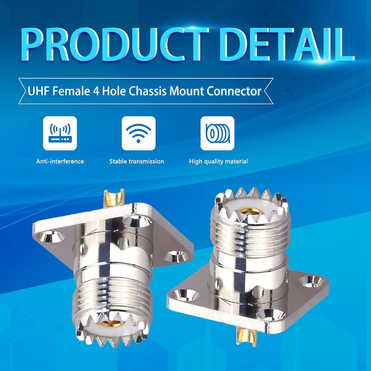 UHF Female 4 Hole Connector Flange Panel UHF RF Adapter UHF Female Plug PL259 Solder Cup Connector - Pack - 5