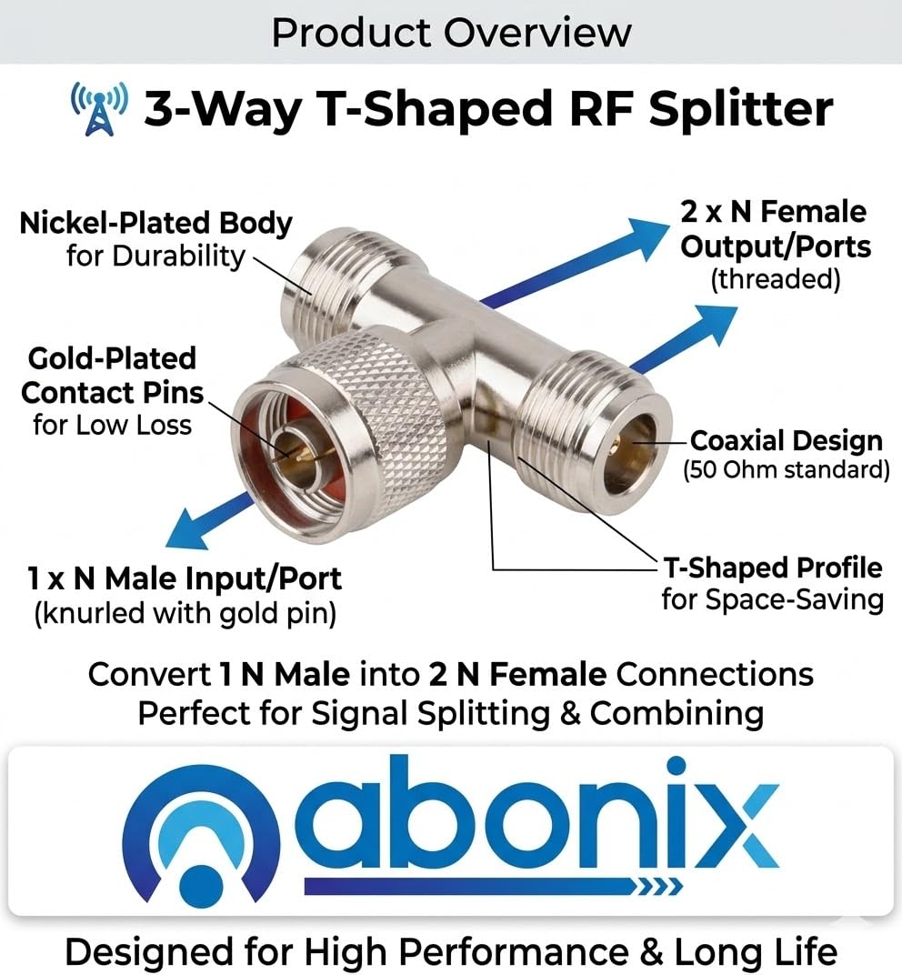 N Male To Dual N Female 3 Way Coax Adapter T Shape N Type Rf Splitter Connector Pack Of 1