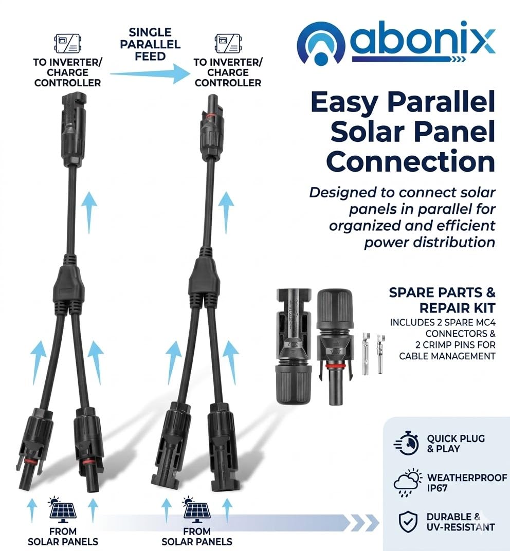 MC4 Solar Connector Y Branch – 1 Pair (Male/Female) Waterproof Adapter for Parallel Connection of Solar Panels