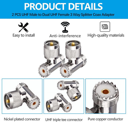 Triple Tee Connector UHF Male to Dual UHF Female 3 Way Splitter Coax Adapter PL259 SO239 Combiner Splitter Adapter - Pack - 2