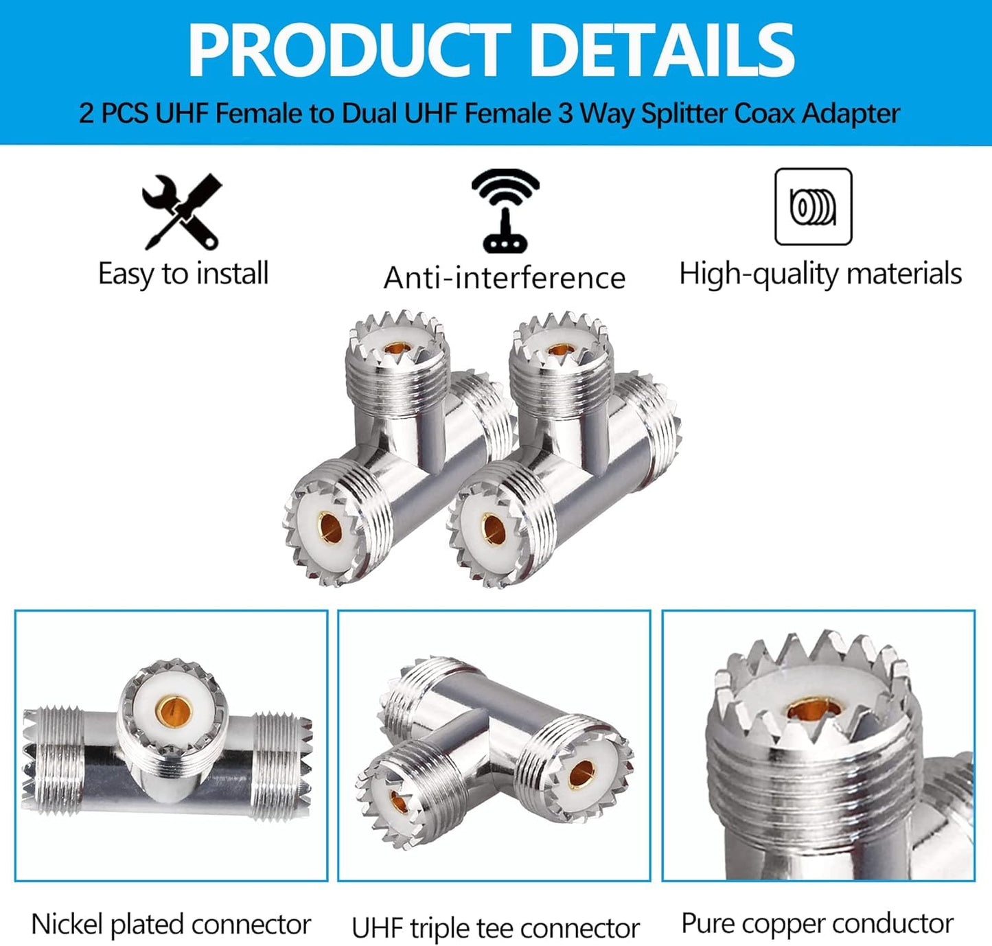 UHF Triple T Coax Connector – SO-239 Female to Dual PL-259 Male 3-Way RF Adapter Splitter - Pack 2