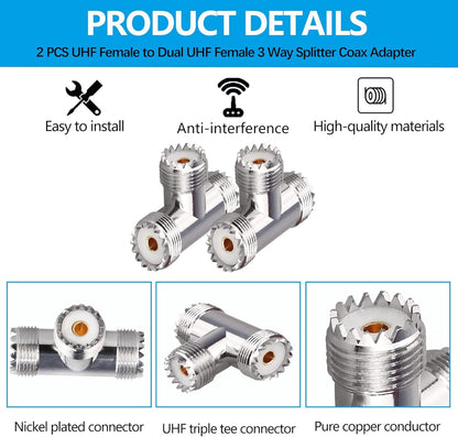 UHF Triple T Coax Connector – SO-239 Female to Dual PL-259 Male 3-Way RF Adapter Splitter - Pack 2