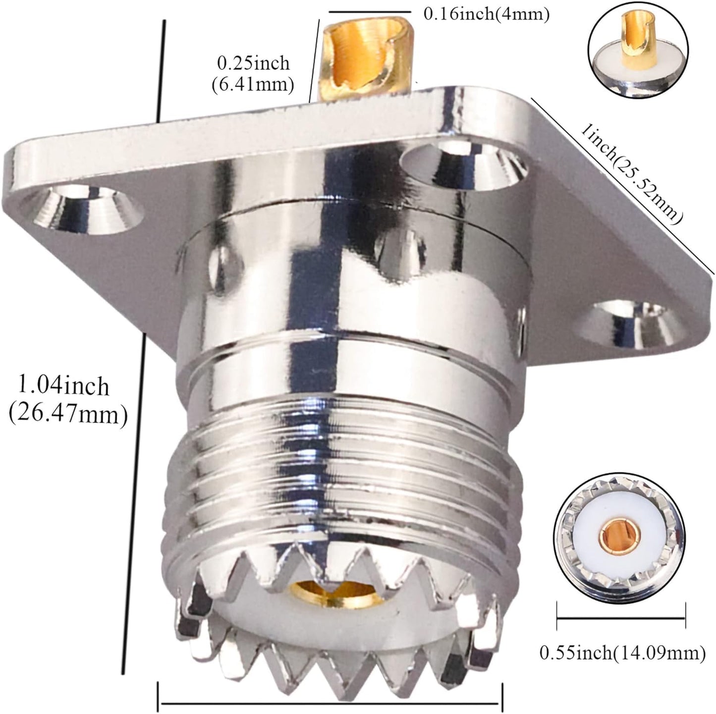 UHF Female 4 Hole Connector Flange Panel UHF RF Adapter UHF Female Plug PL259 Solder Cup Connector - Pack - 5