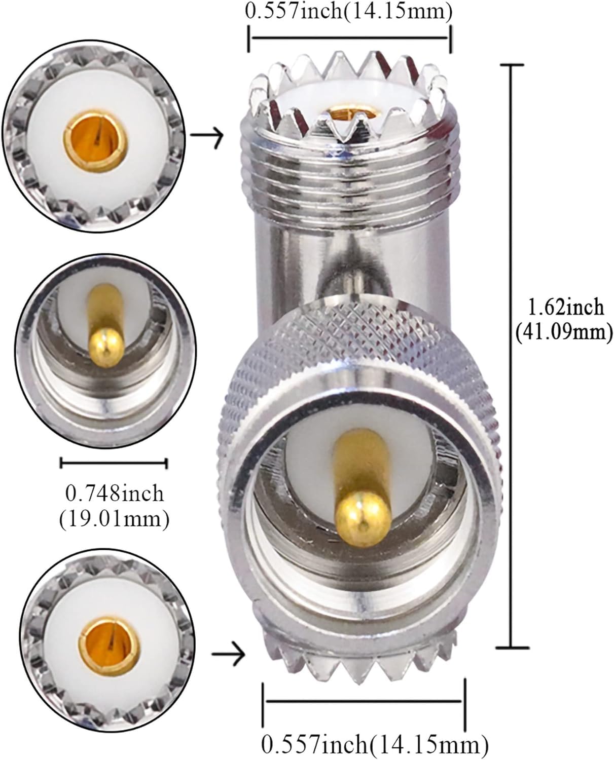 Triple Tee Connector UHF Male to Dual UHF Female 3 Way Splitter Coax Adapter PL259 SO239 Combiner Splitter Adapter - Pack -1