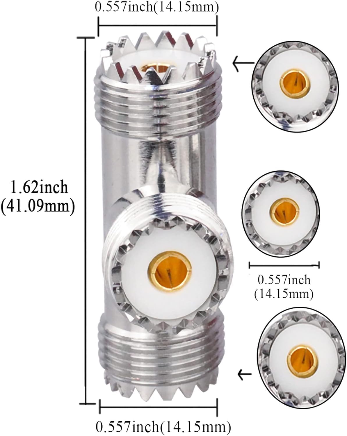 UHF Triple T Coax Connector – SO-239 Female to Dual PL-259 Male 3-Way RF Adapter Splitter - Pack 2