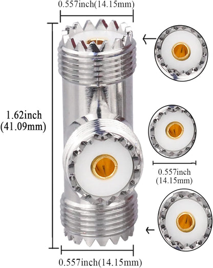 UHF Triple T Coax Connector – SO-239 Female to Dual PL-259 Male 3-Way RF Adapter Splitter - Pack 2