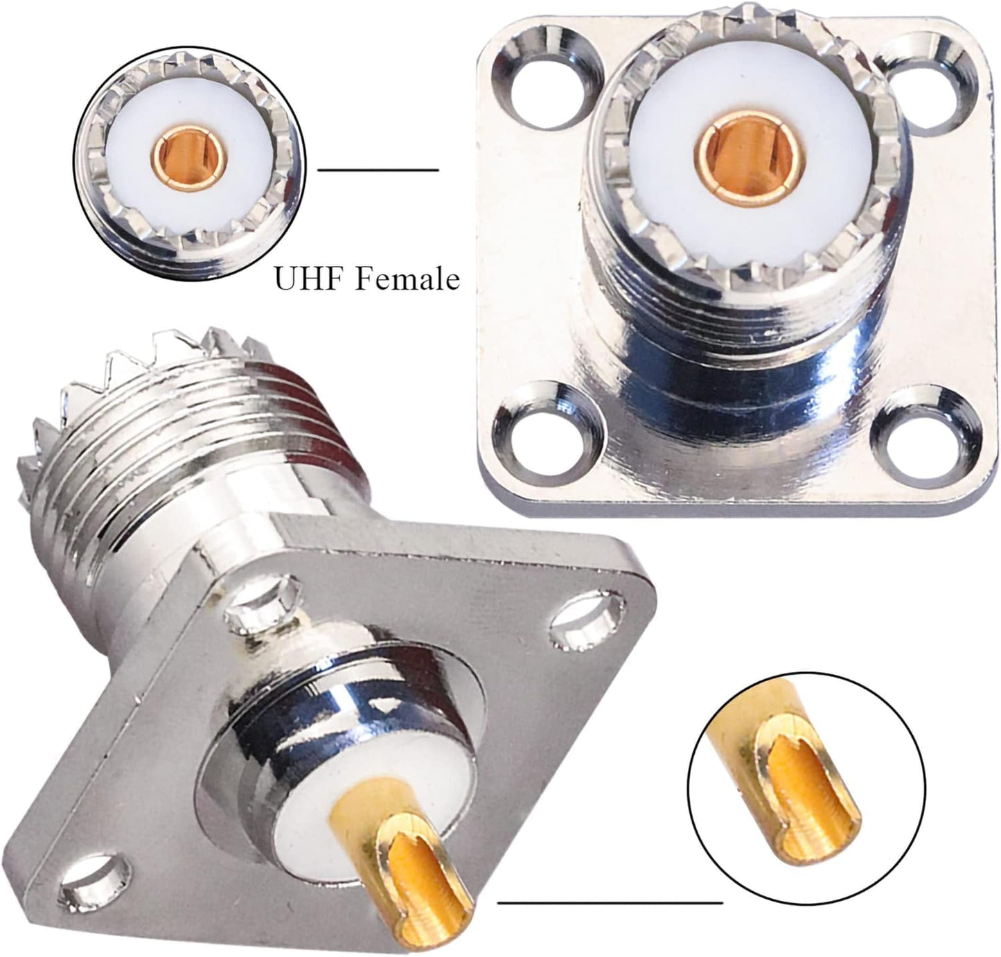 UHF Female 4 Hole Connector Flange Panel UHF RF Adapter UHF Female Plug PL259 Solder Cup Connector  - Pack - 2