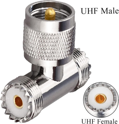 Triple Tee Connector UHF Male to Dual UHF Female 3 Way Splitter Coax Adapter PL259 SO239 Combiner Splitter Adapter - Pack -1