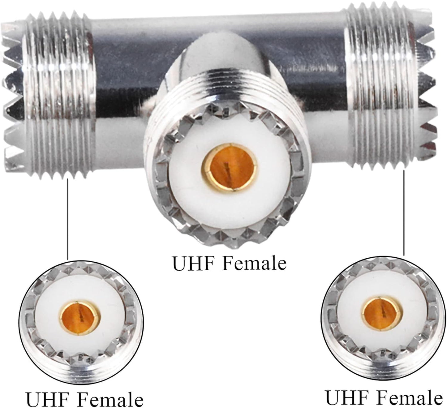 UHF Triple T Coax Connector – SO-239 Female to Dual PL-259 Male 3-Way RF Adapter Splitter - Pack 2