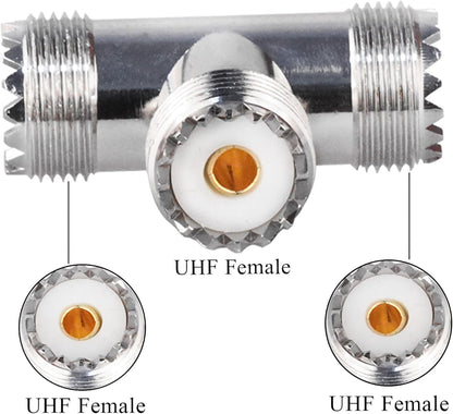 UHF Triple T Coax Connector – SO-239 Female to Dual PL-259 Male 3-Way RF Adapter Splitter - Pack 2