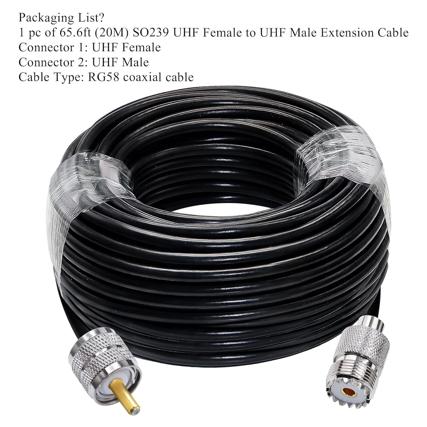 RG58 UHF Coax Cable 65.6ft (20 Meter) Low Loss UHF Male to UHF Female Extension Jumper Coaxial Cable - Pack 1