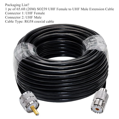 RG58 UHF Coax Cable 65.6ft (20 Meter) Low Loss UHF Male to UHF Female Extension Jumper Coaxial Cable - Pack 1