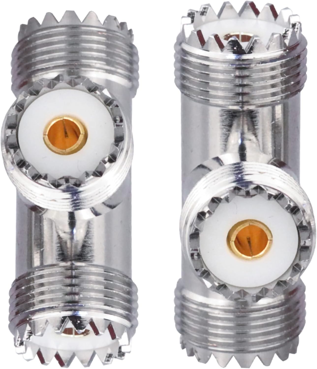 UHF Triple T Coax Connector – SO-239 Female to Dual PL-259 Male 3-Way RF Adapter Splitter - Pack - 1
