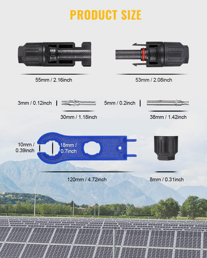Solar Panel Cable Connectors with Spanners – 5 Pairs Male & Female MC4 Solar Connectors
