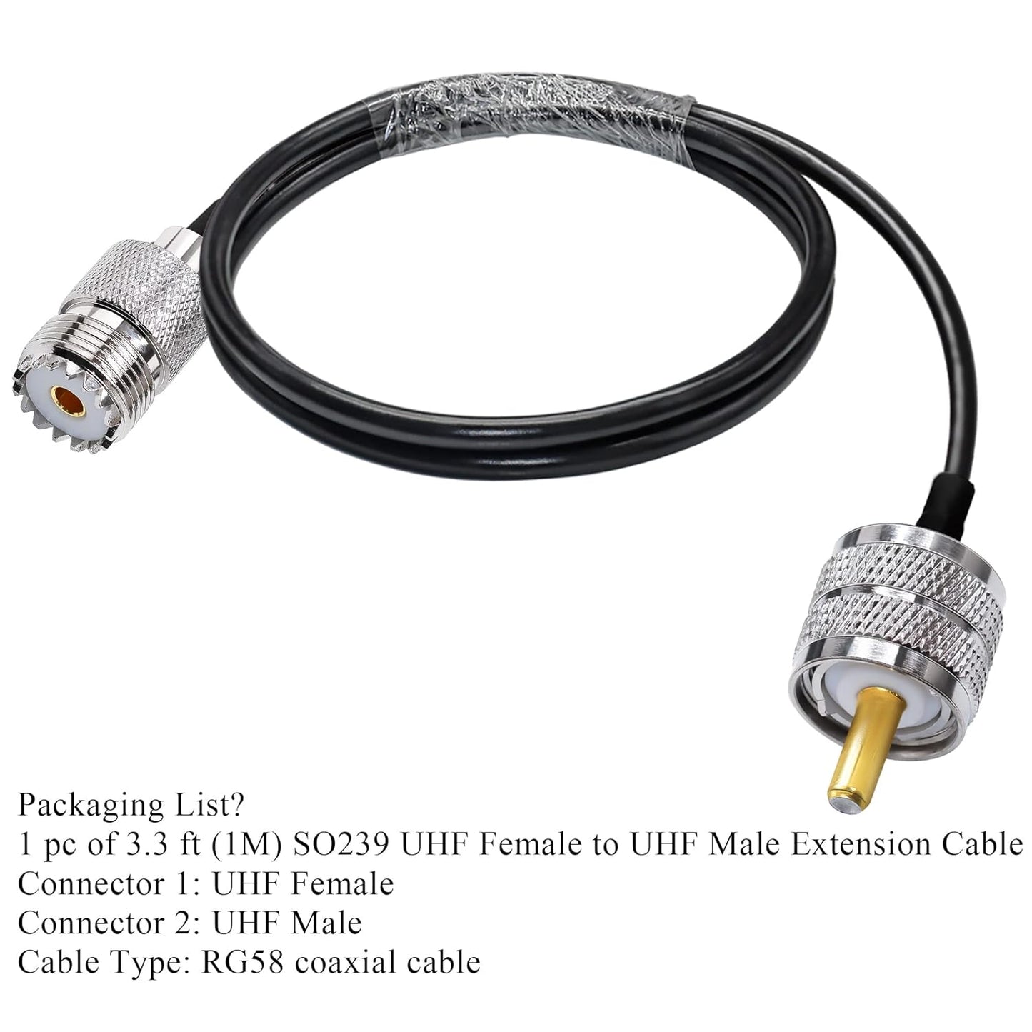 RG58 UHF Coax Cable 3.3 feet (1 M) Low Loss UHF Male to UHF Female Extension Jumper Coaxial Cable - Pack - 1