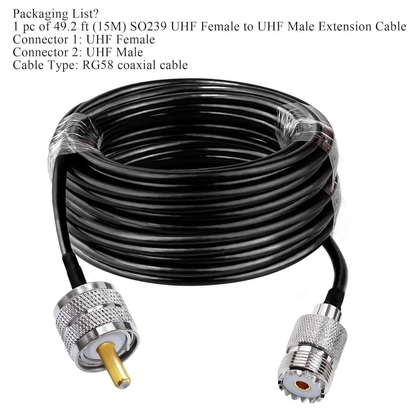 RG58 UHF Coax Cable 49.2ft (15 M) Low Loss UHF Male to UHF Female Extension Jumper Coaxial Cable - Pack - 1