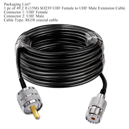 RG58 UHF Coax Cable 49.2ft (15 M) Low Loss UHF Male to UHF Female Extension Jumper Coaxial Cable - Pack - 1