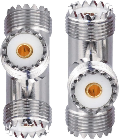 UHF Triple T Coax Connector – SO-239 Female to Dual PL-259 Male 3-Way RF Adapter Splitter - Pack 2