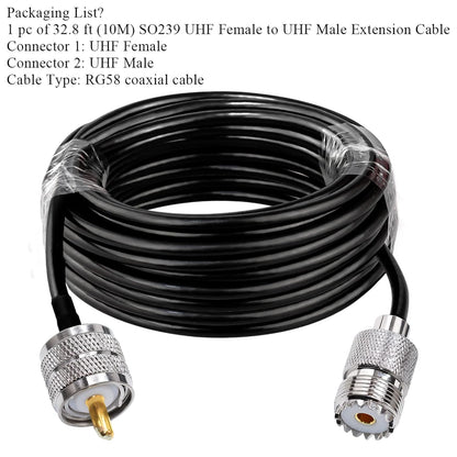 RG58 UHF Coax Cable 32.8ft (10 M) Low Loss UHF Male to UHF Female Extension Jumper Coaxial Cable - Pack - 1