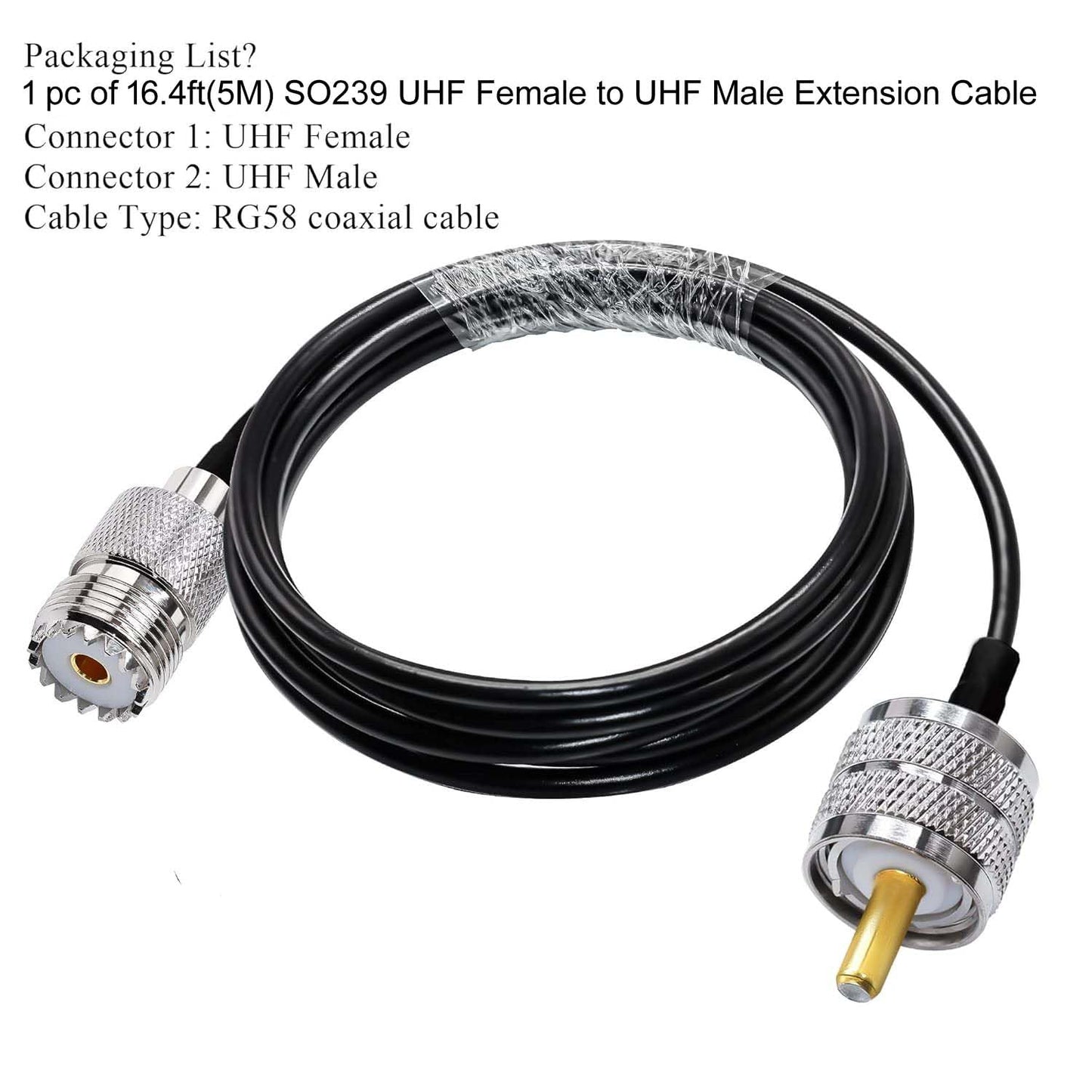 RG58 UHF Coax Cable 16.4ft (5 Meter) Low Loss UHF Male to UHF Female Extension Jumper Coaxial Cable - Pack - 1