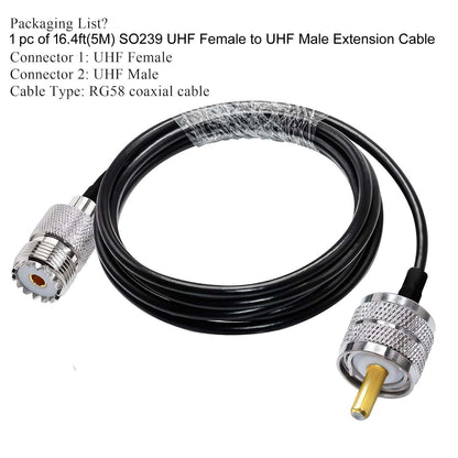 RG58 UHF Coax Cable 16.4ft (5 Meter) Low Loss UHF Male to UHF Female Extension Jumper Coaxial Cable - Pack - 1