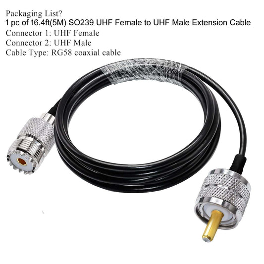 RG58 UHF Coax Cable 16.4ft (5 Meter) Low Loss UHF Male to UHF Female Extension Jumper Coaxial Cable - Pack - 1