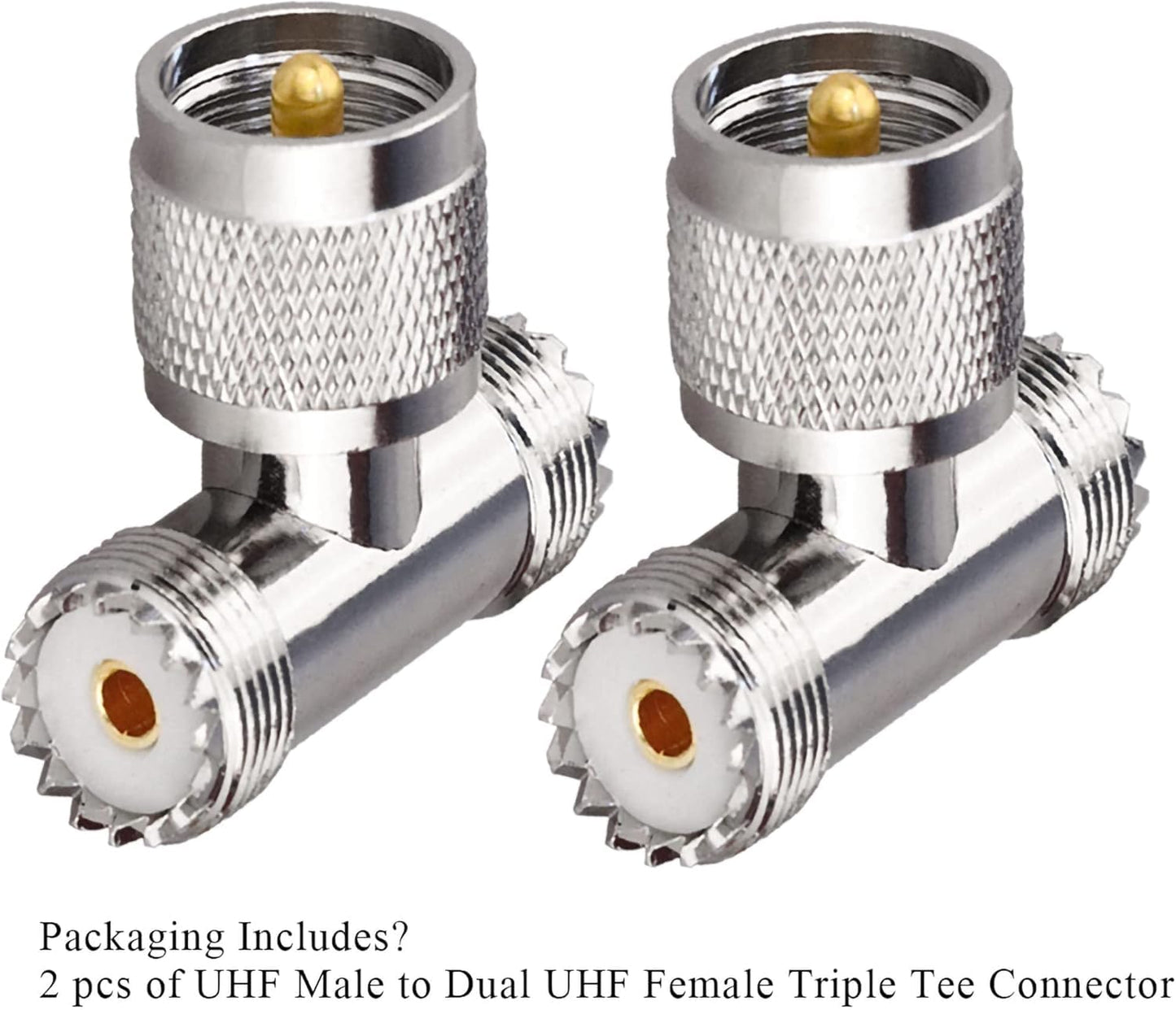 Triple Tee Connector UHF Male to Dual UHF Female 3 Way Splitter Coax Adapter PL259 SO239 Combiner Splitter Adapter - Pack - 2