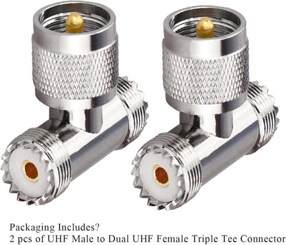 Triple Tee Connector UHF Male to Dual UHF Female 3 Way Splitter Coax Adapter PL259 SO239 Combiner Splitter Adapter - Pack - 2