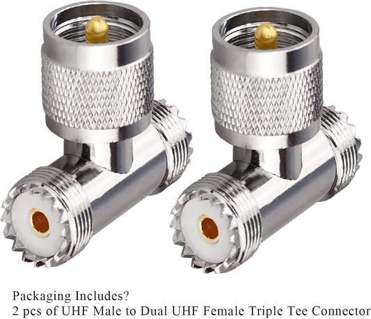 Triple Tee Connector UHF Male to Dual UHF Female 3 Way Splitter Coax Adapter PL259 SO239 Combiner Splitter Adapter - Pack - 2