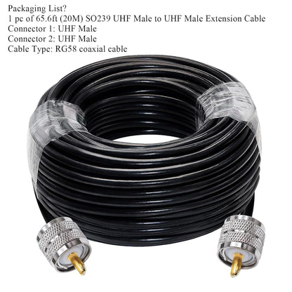 Jumber Cable UHF Male to Male Extension Cable 65.6ft(20M) Low Loss RG58 RF Black Coaxial Cable - Pack - 1