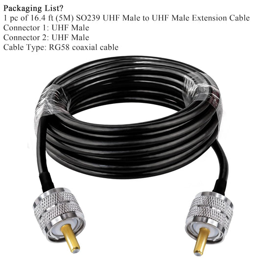 Jumber Cable UHF Male to Male Extension Cable 16.4ft(5M) Low Loss RG58 RF Black Coaxial Cable - Pack - 1
