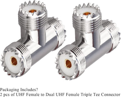 UHF Triple T Coax Connector – SO-239 Female to Dual PL-259 Male 3-Way RF Adapter Splitter - Pack - 1