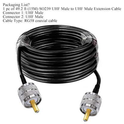 Jumber Cable UHF Male to Male Extension Cable 49.2ft(15M) Low Loss RG58 RF Black Coaxial Cable - Pack - 1
