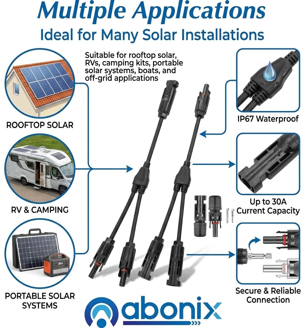 MC4 Solar Connector Y Branch – 1 Pair (Male/Female) Waterproof Adapter for Parallel Connection of Solar Panels