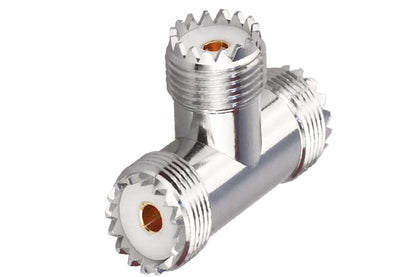UHF Triple T Coax Connector – SO-239 Female to Dual PL-259 Male 3-Way RF Adapter Splitter - Pack - 1