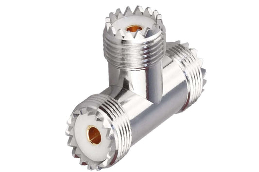 UHF Triple T Coax Connector – SO-239 Female to Dual PL-259 Male 3-Way RF Adapter Splitter - Pack - 1