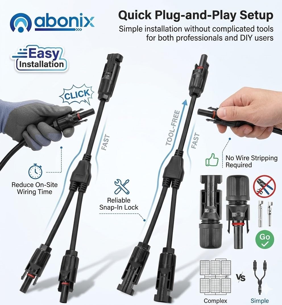 MC4 Solar Connector Y Branch – 1 Pair (Male/Female) Waterproof Adapter for Parallel Connection of Solar Panels